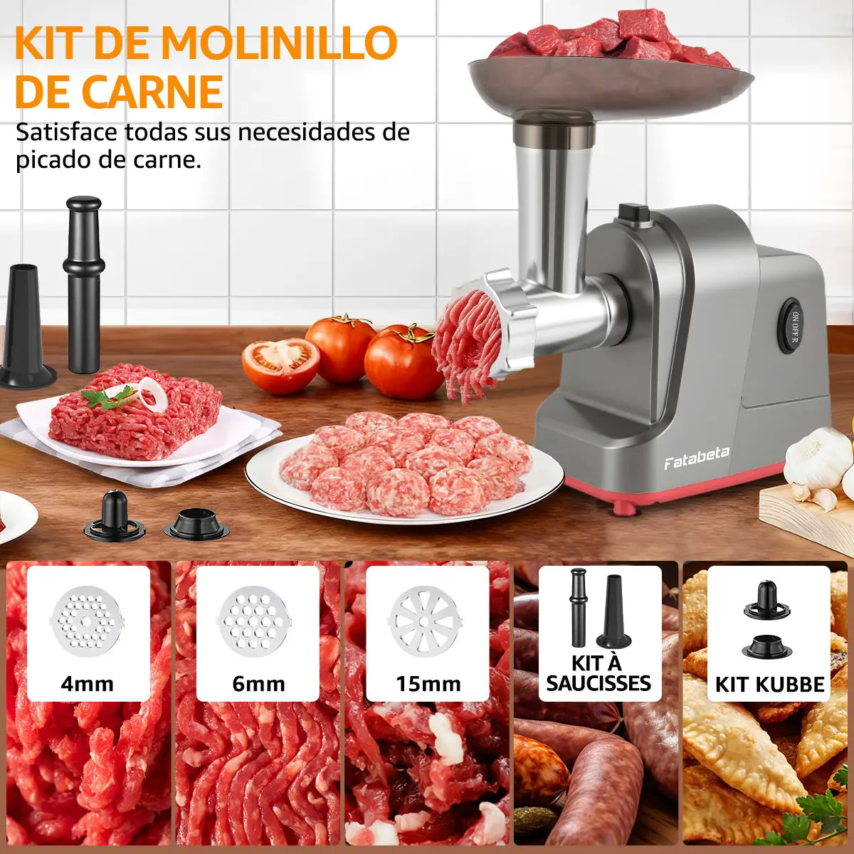 Molino de Carne Eléctrico Fatabeta de 3500W con Accesorios para Embutir y Cortar Verduras