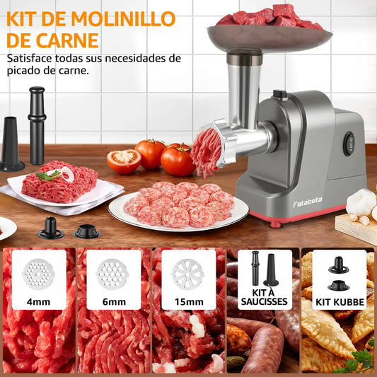 Molino de Carne Eléctrico Fatabeta de 3500W con Accesorios para Embutir y Cortar Verduras
