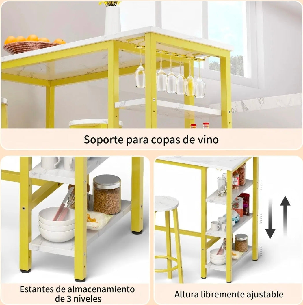 Mesa Barra De Cocina Multiusos Con 2 Bancos
