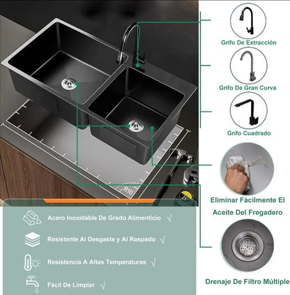 Fregadero de cocina acero inoxidable kit completo Tarja doble tina