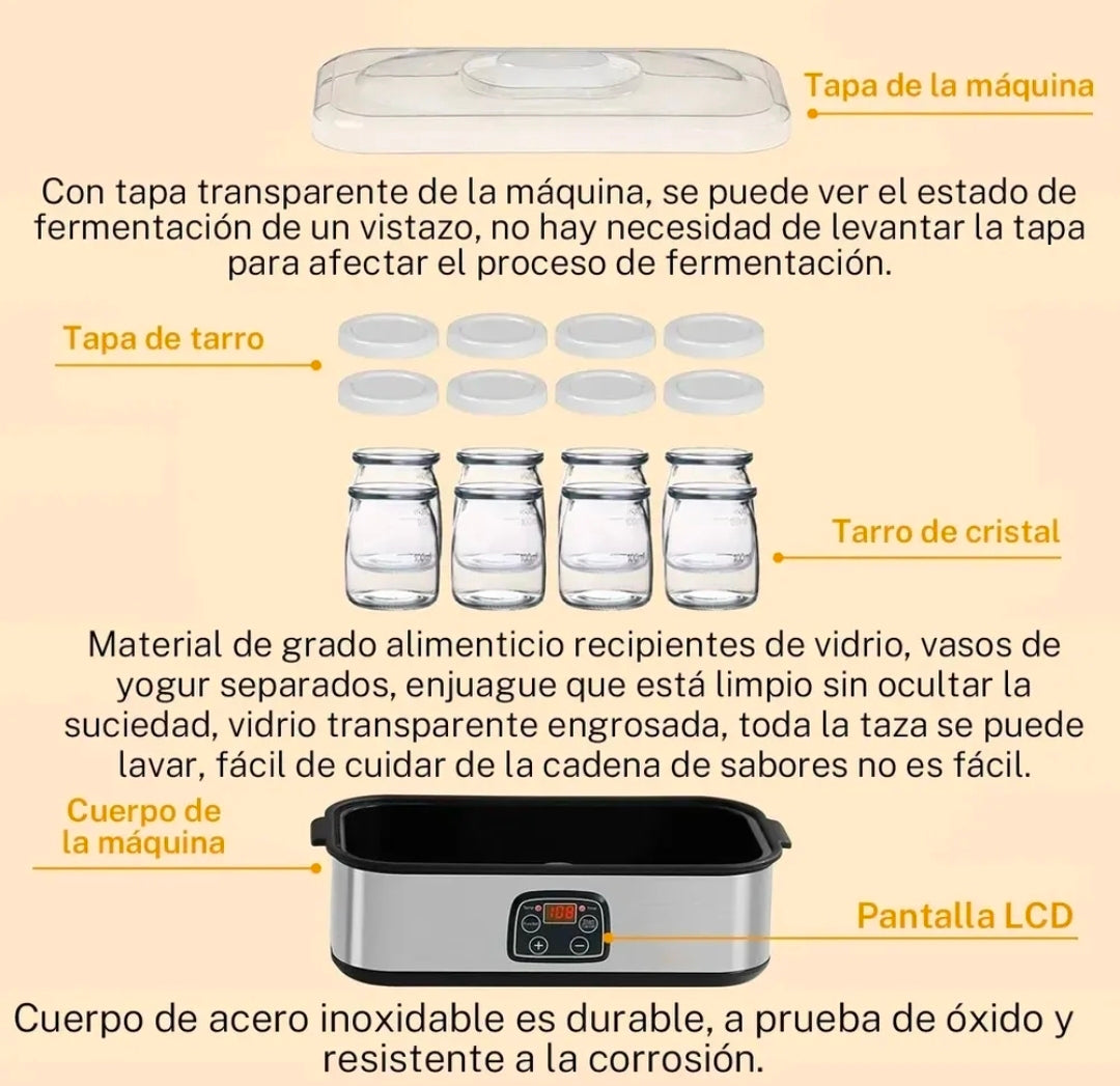 Maquina de Yogurt Eléctrica 1.4L Acero Inoxidable con 8 Frascos Vidrio