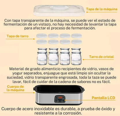 Maquina de Yogurt Eléctrica 1.4L Acero Inoxidable con 8 Frascos Vidrio