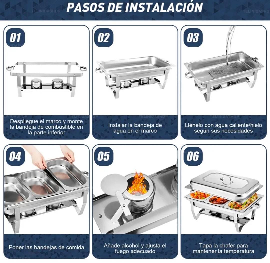 12L Ollas Vaporeras De Acero Inoxidable De Buffet Con 2+3 Insertos / Bufetera Acero Inoxidable