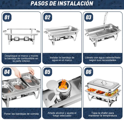 12L Ollas Vaporeras De Acero Inoxidable De Buffet Con 2+3 Insertos / Bufetera Acero Inoxidable