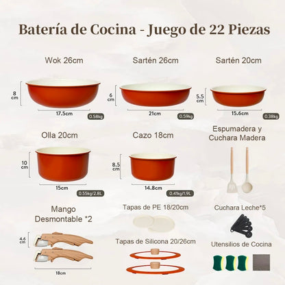 Batería de Cocina Juego de Ollas y Sartenes de Cerámica Antiadherente IronHoof 22 Piezas