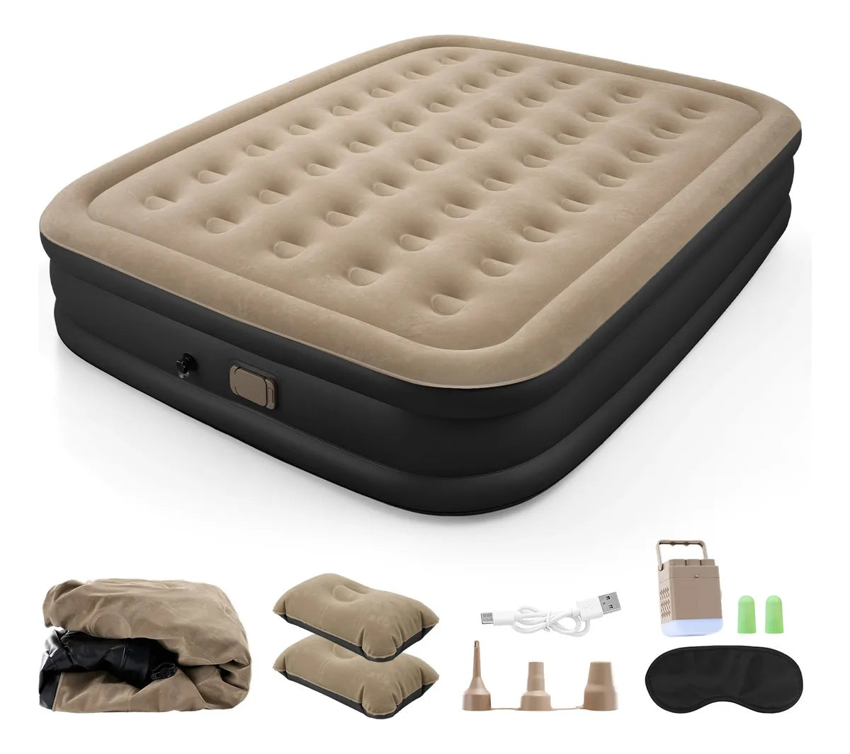 Colchón INFLABLE Queen Size Con Bomba Hinchable De 4000 Mah Marrón Claro