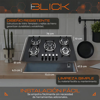 Parrilla Blick empotrable 5 quemadores  cristal templado