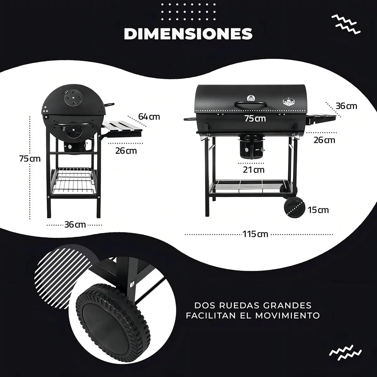 Asadores carbon de barril móvil con ruedas termómetro y mesa auxiliar acero inoxidable