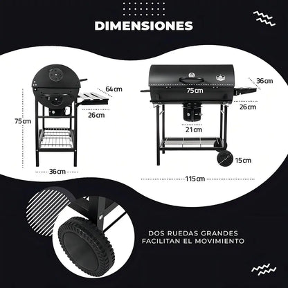 Asadores carbon de barril móvil con ruedas termómetro y mesa auxiliar acero inoxidable