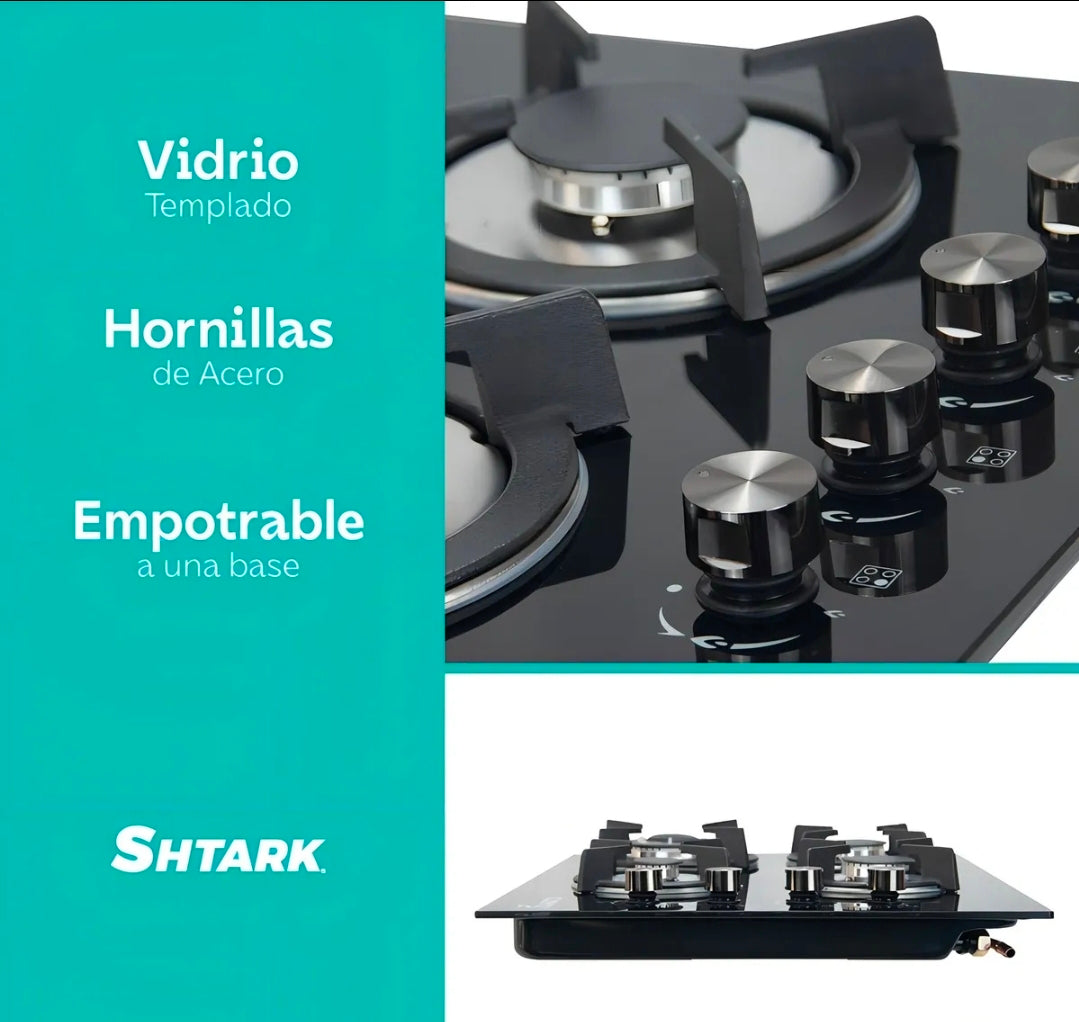 Parrilla A Gas 4 Quemadores Estufa Vidrio 7mm Empotrable SHTARK