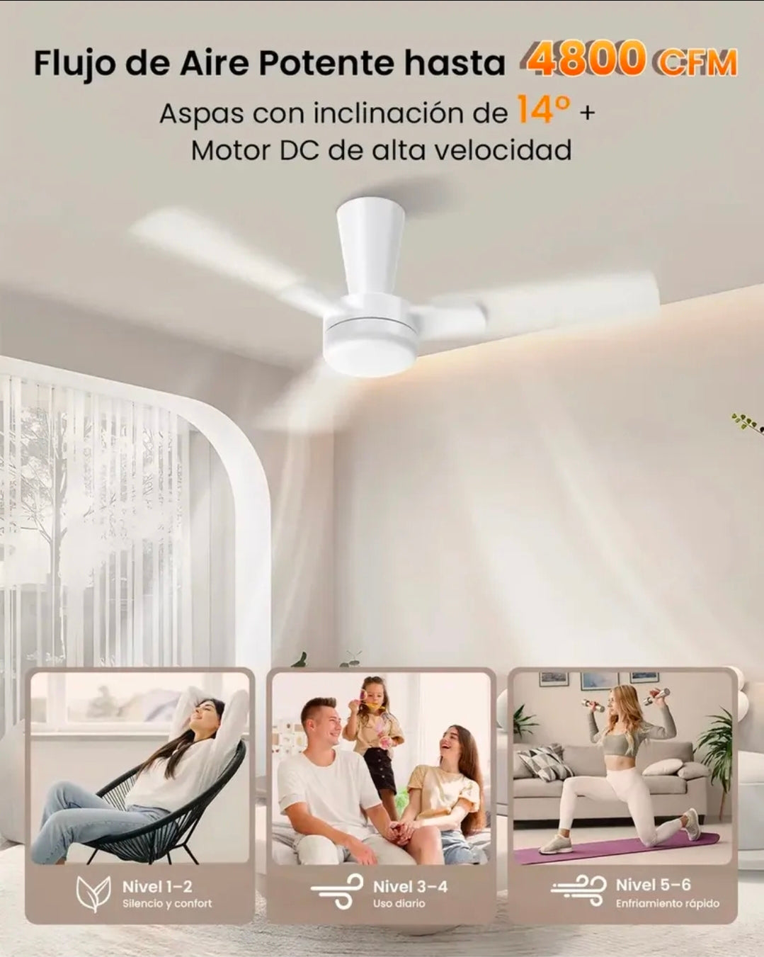 Ventilador De Techo 42" Aspas De Doble Acabado, 6 Velocidades, 3 Tonos De Luz