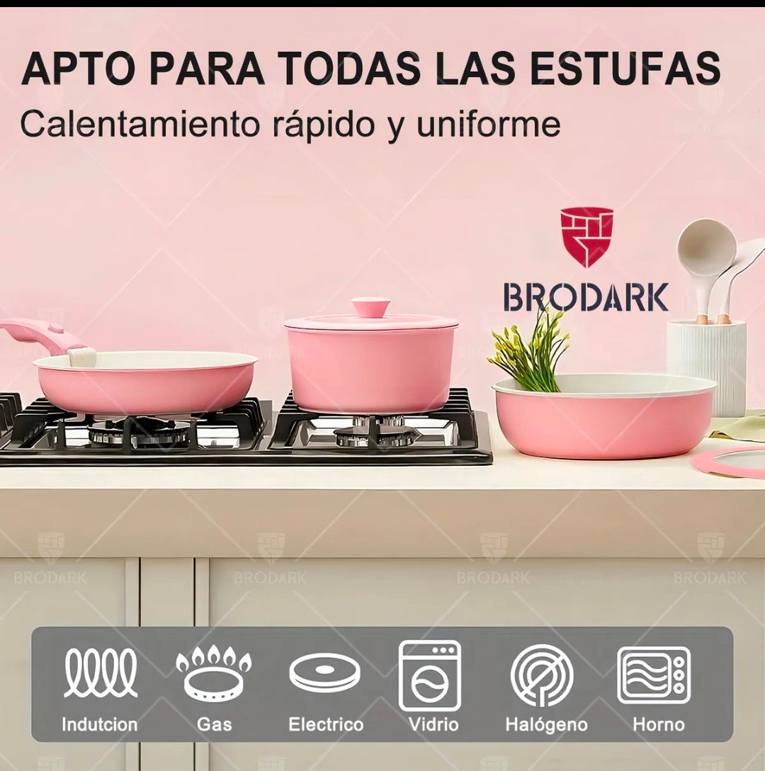 Batería Brodark 23 piezas Rosa/Blanco antiadherente con mangos desmontables
