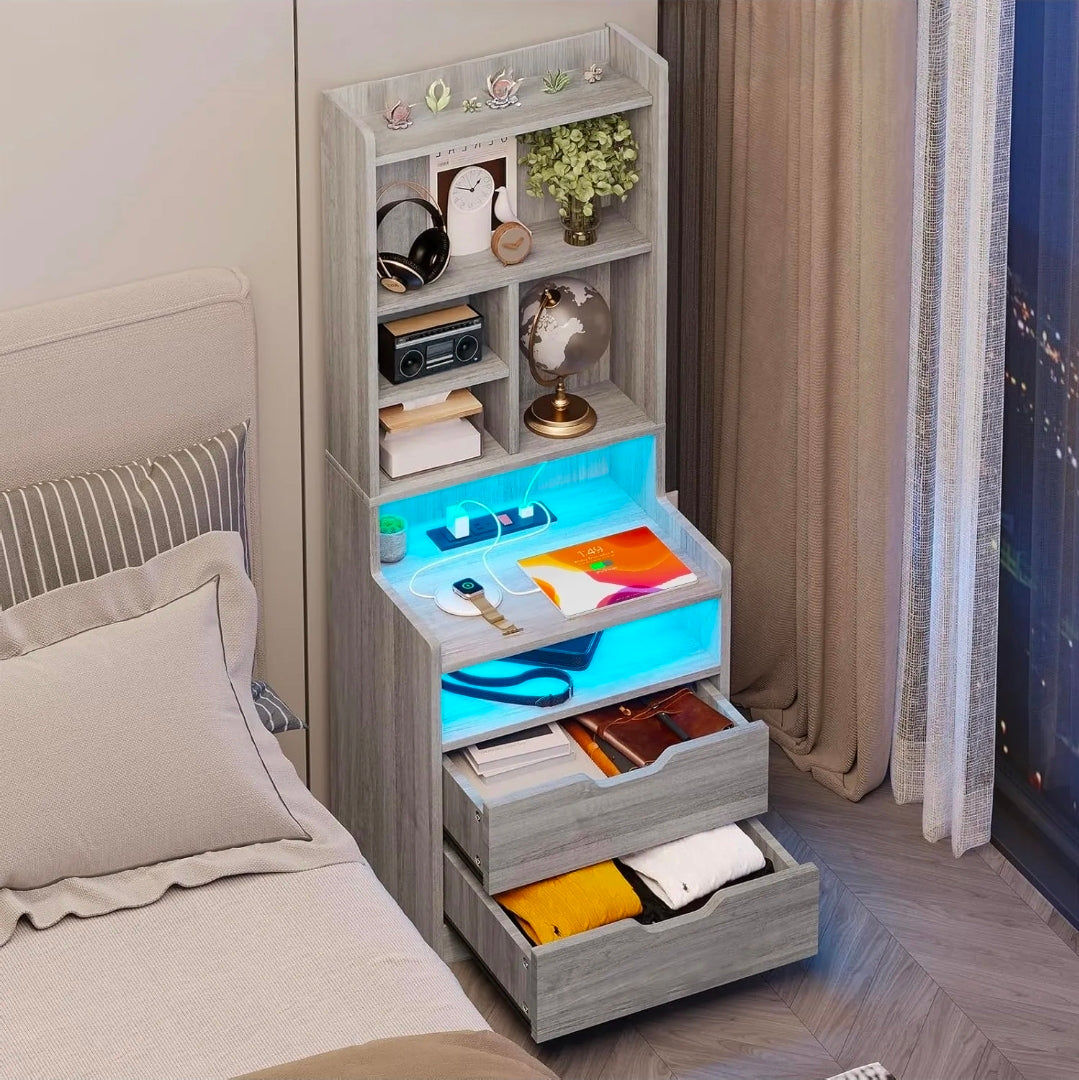 Mesita buró de noche alta con estación de carga y luz Led