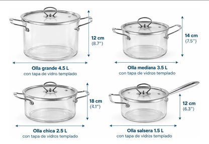 Juego De 4 Ollas De Vidrio Transparente Con Tapa Home Chef