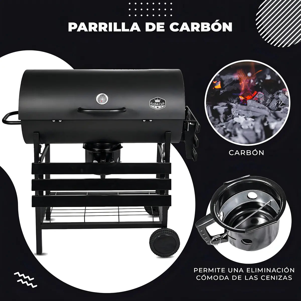 Asadores carbon de barril móvil con ruedas termómetro y mesa auxiliar acero inoxidable