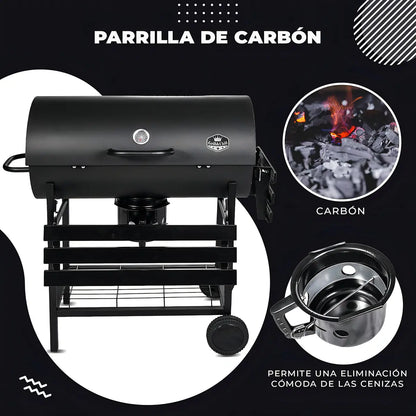 Asadores carbon de barril móvil con ruedas termómetro y mesa auxiliar acero inoxidable