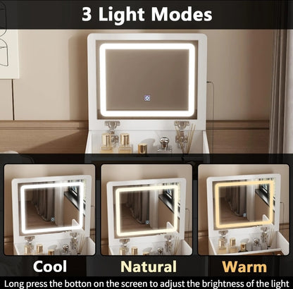 Buró tocador con espejo LED y banco oculto 4 cajones