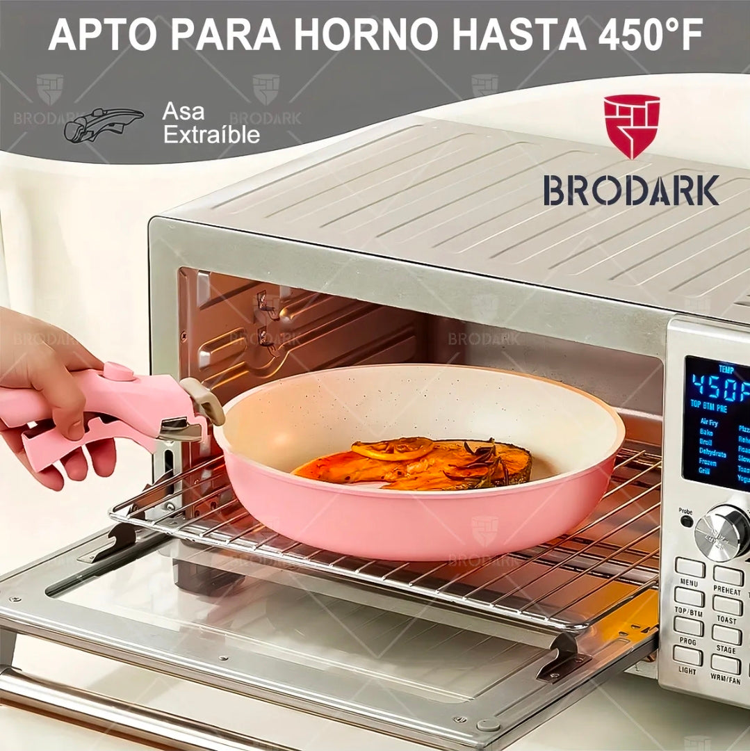 Batería Brodark 23 piezas Rosa/Blanco antiadherente con mangos desmontables