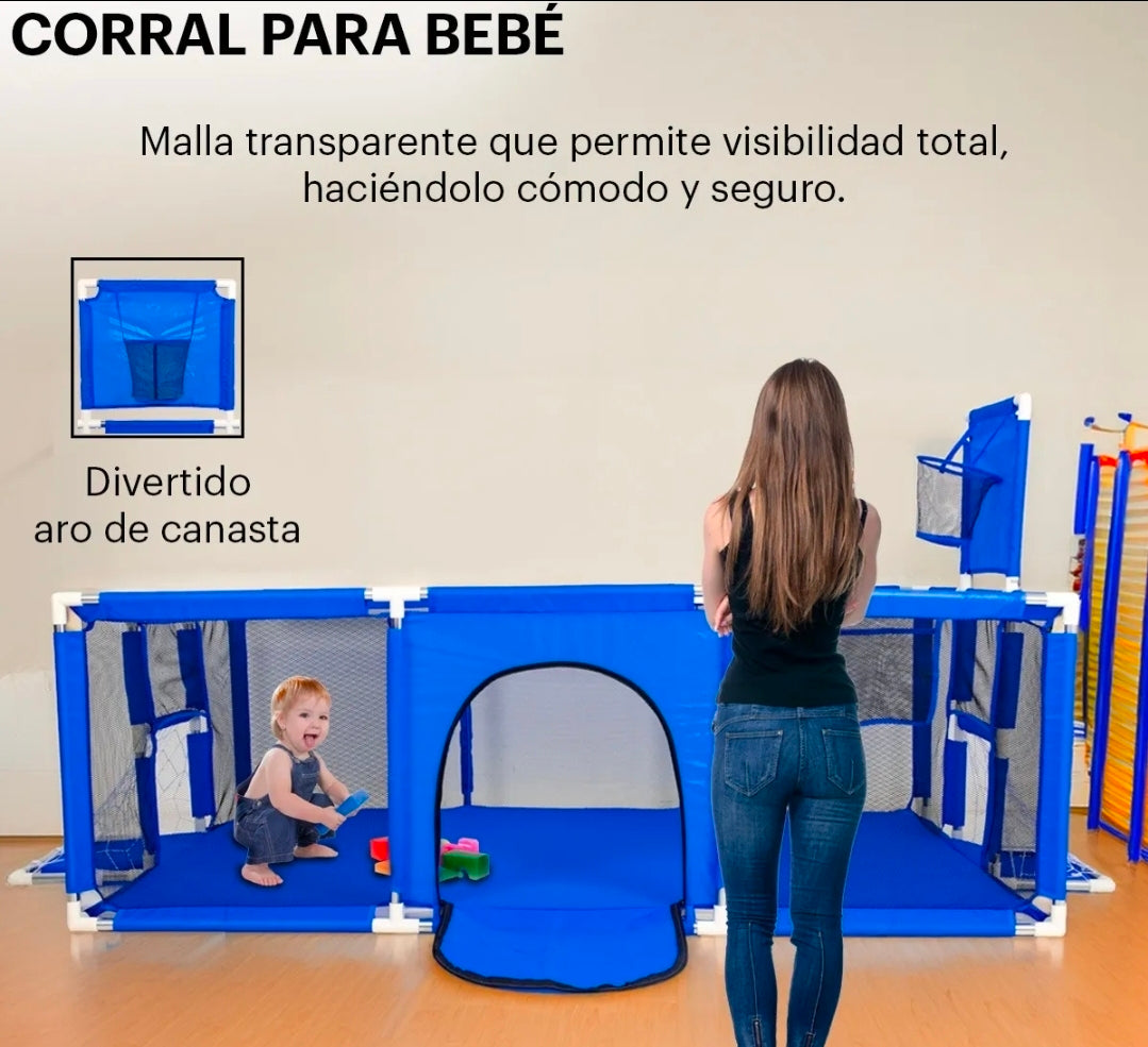 Corral gimnasio con portería y tablero para bebé