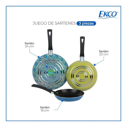 Juego de Sartenes con Antiadherente Ekco Verde/Azul de Aluminio 3 Piezas