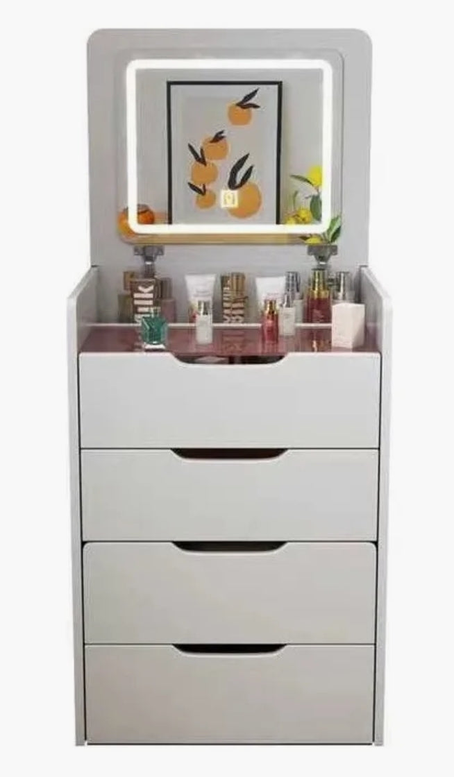 Buró tocador con espejo LED y banco oculto 4 cajones