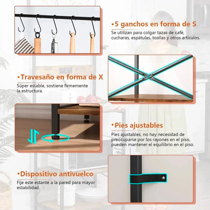 Estante para Cocina Alacena de Almacenamiento de 5 Niveles, con Enchufes y 5 Ganchos