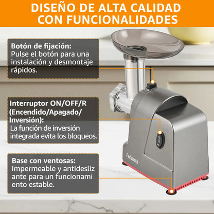 Molino de Carne Eléctrico Fatabeta de 3500W con Accesorios para Embutir y Cortar Verduras