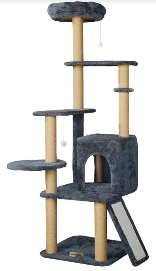 Torre Árbol Rascador Para Gato Con Casa Gris 132cm