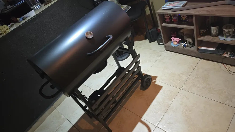 Asadores carbon de barril móvil con ruedas termómetro y mesa auxiliar acero inoxidable