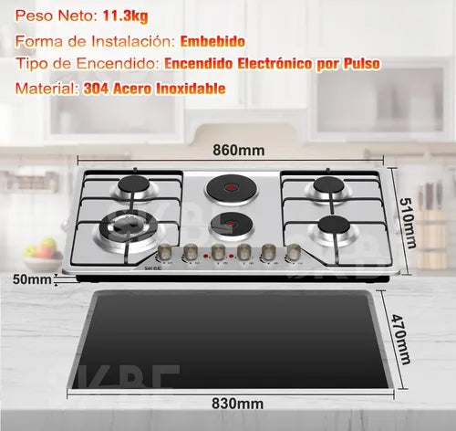 Parrillas SKBE De Gas Empotrables De Mesa 6 Quemadores Acero Inoxidable Plateado Lp