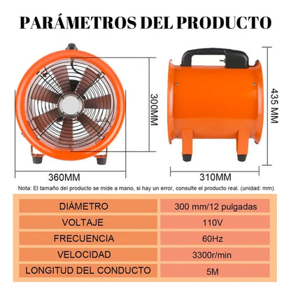 Extractor De Aire Industrial Ventilador 12'' Con Conducto 5m, 3300 Rpm