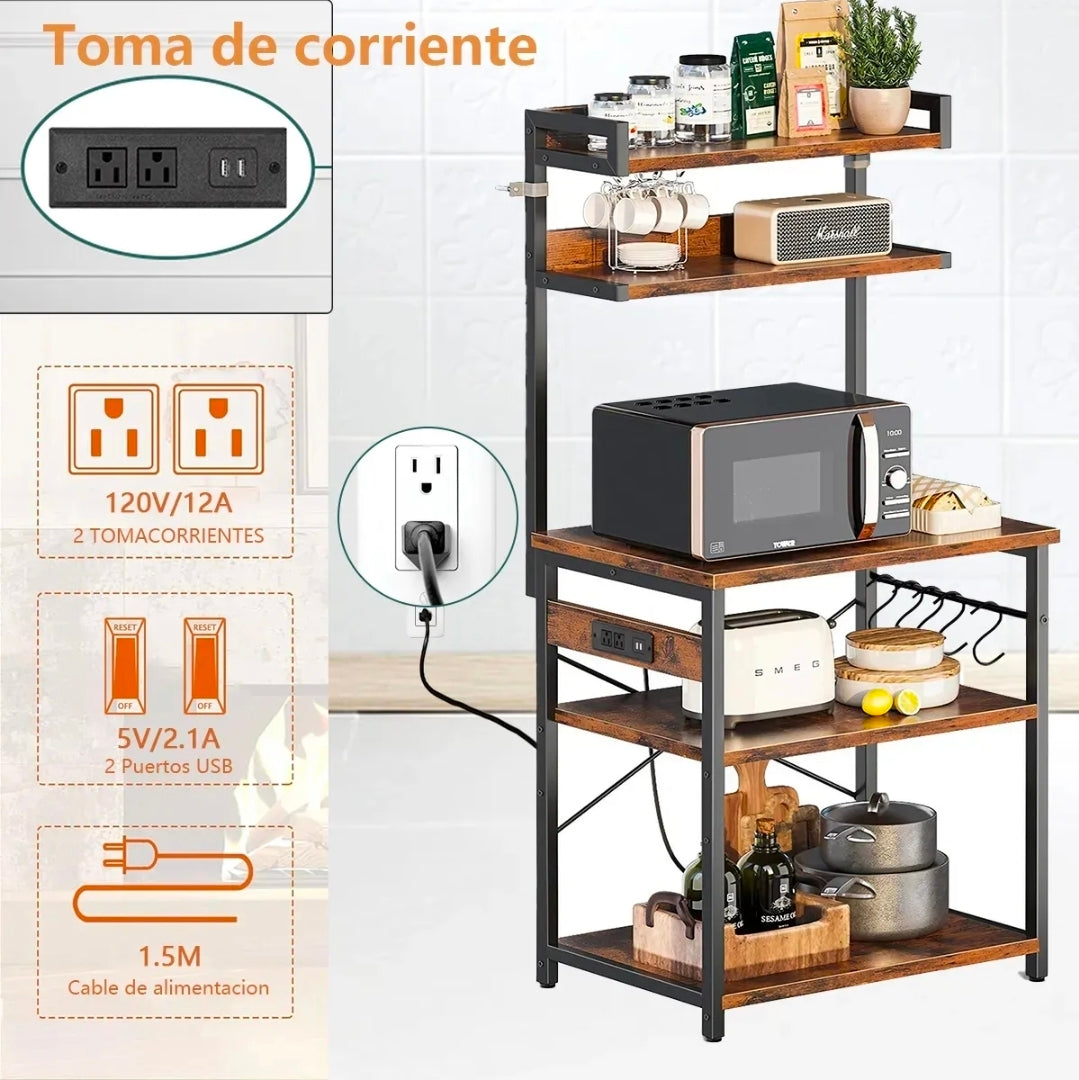 Estante para Cocina Alacena de Almacenamiento de 5 Niveles, con Enchufes y 5 Ganchos