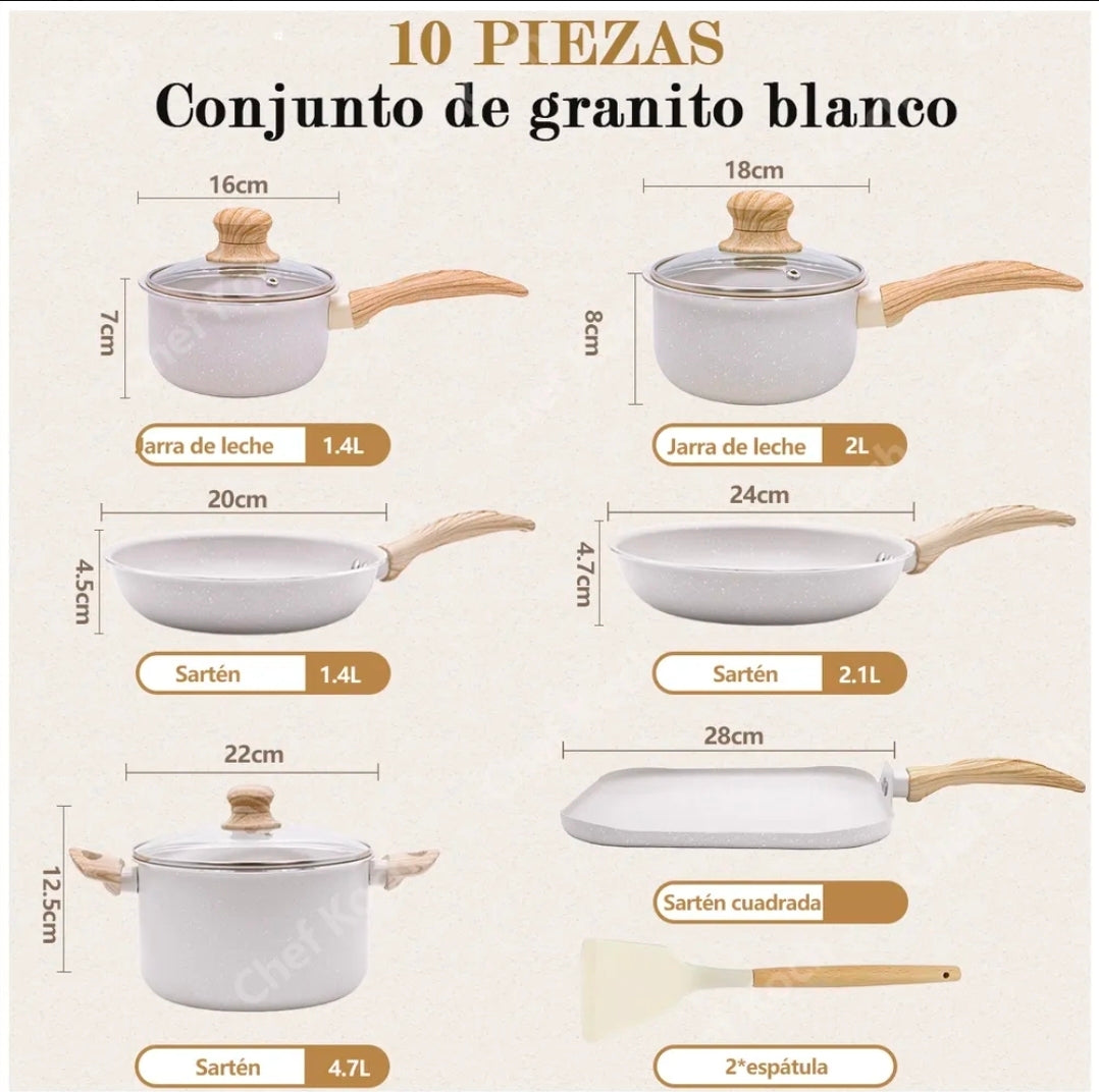 Batería de Cocina Antiadherente 10 Piezas Blanco Chef Koch
