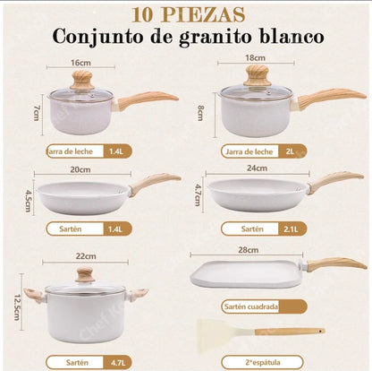 Batería de Cocina Antiadherente 10 Piezas Blanco Chef Koch