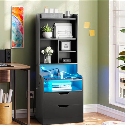 Mesita buró de noche alta con estación de carga y luz Led