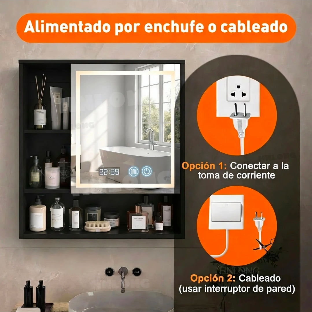 Espejo Con Touch Luz Led 3 modo Con Estantes 60x60cm