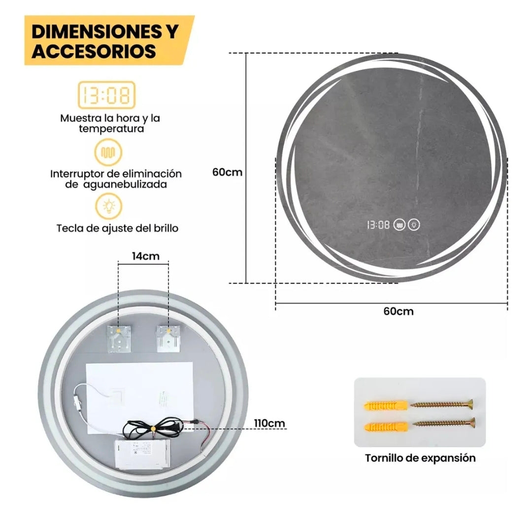 Espejo led con ajuste de hora 60x60cm