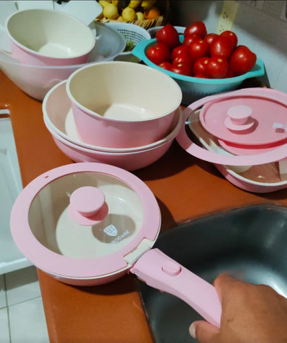 Batería Brodark 23 piezas Rosa/Blanco antiadherente con mangos desmontables
