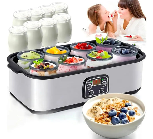 Maquina de Yogurt Eléctrica 1.4L Acero Inoxidable con 8 Frascos Vidrio
