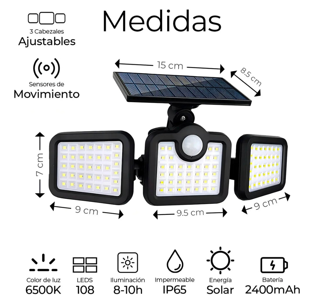 2 Lamparas solares con 3 cabezales / sensor de movimiento 108 Leds