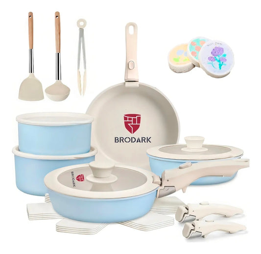 Bateria de cocina antiadherente 21 piezas con mangos desmontables