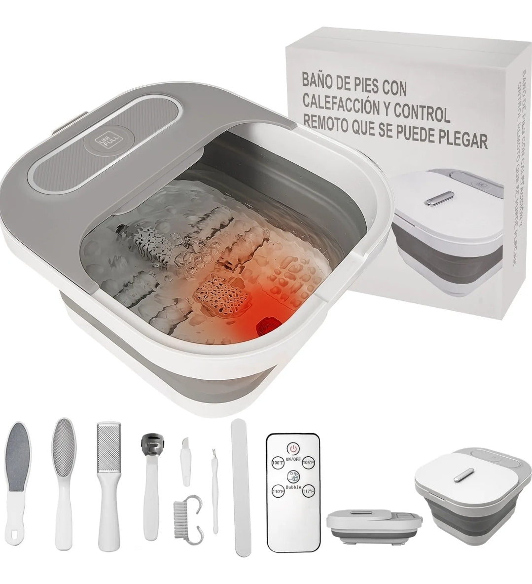 Tina spa eléctrica para pies plegable con burbujas y set pedicura