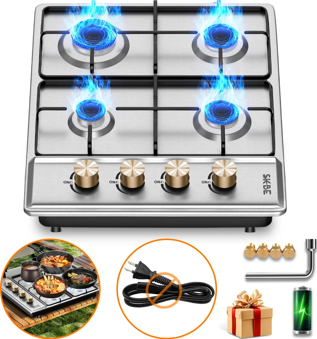 Parrilla Gas Skbe 4 Quemadores Empotrable Acero Inoxidable Encendido Eléctrico