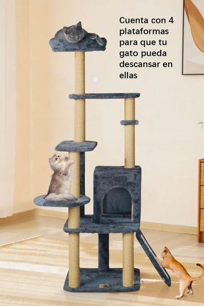 Torre Árbol Rascador Para Gato Con Casa Gris 132cm