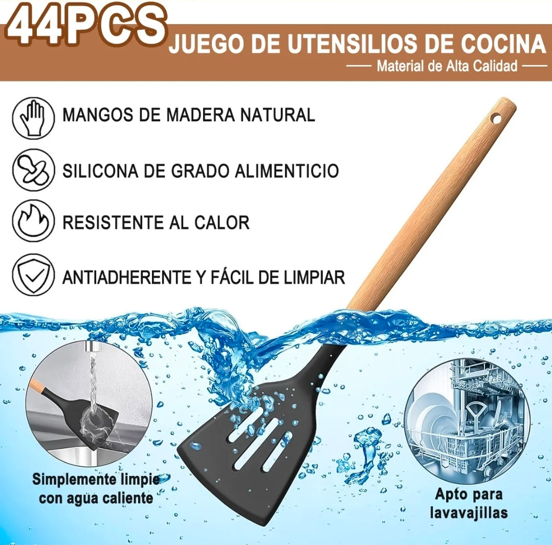 Utensilios Cocina De Silicona 44 Piezas Reposteria Espátulas Resistente Al Calor Con Mango Antideslizante Y Antiquemaduras