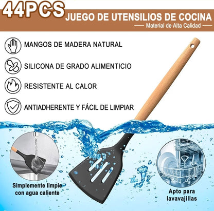 Utensilios Cocina De Silicona 44 Piezas Reposteria Espátulas Resistente Al Calor Con Mango Antideslizante Y Antiquemaduras