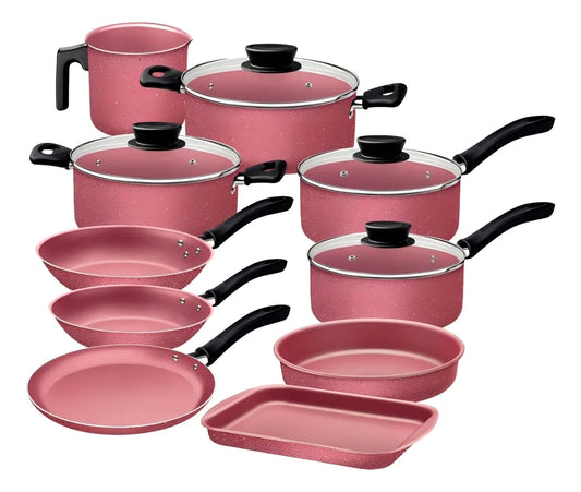 Batería de Cocina Antiadherente Tramontina Linz 14 Piezas de Aluminio - Rosa