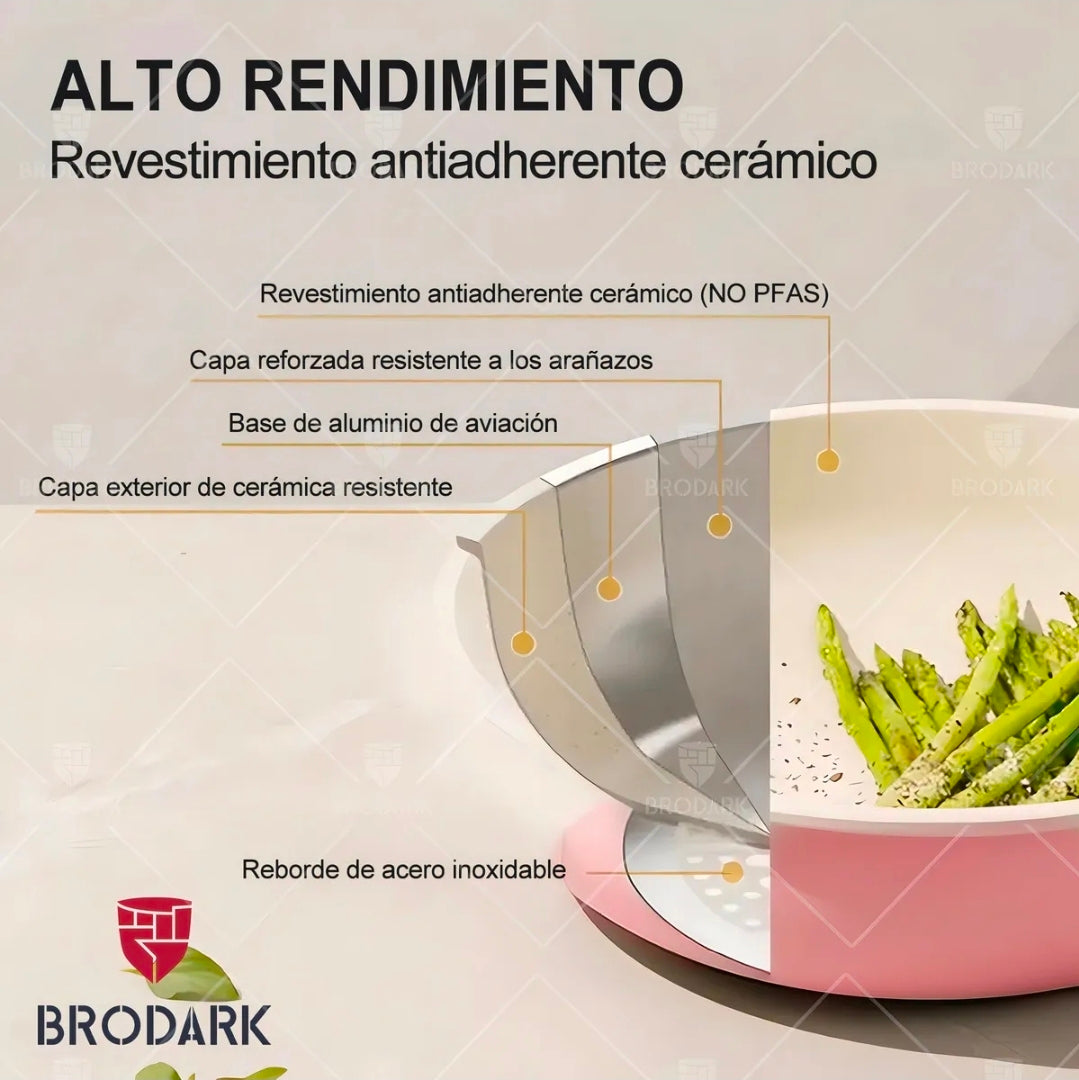 Batería Brodark 23 piezas Rosa/Blanco antiadherente con mangos desmontables