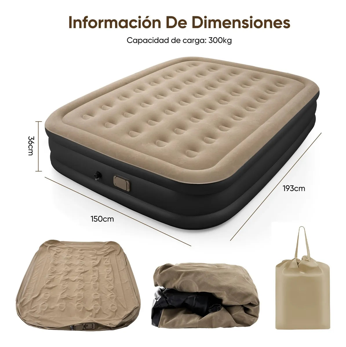Colchón INFLABLE Queen Size Con Bomba Hinchable De 4000 Mah Marrón Claro