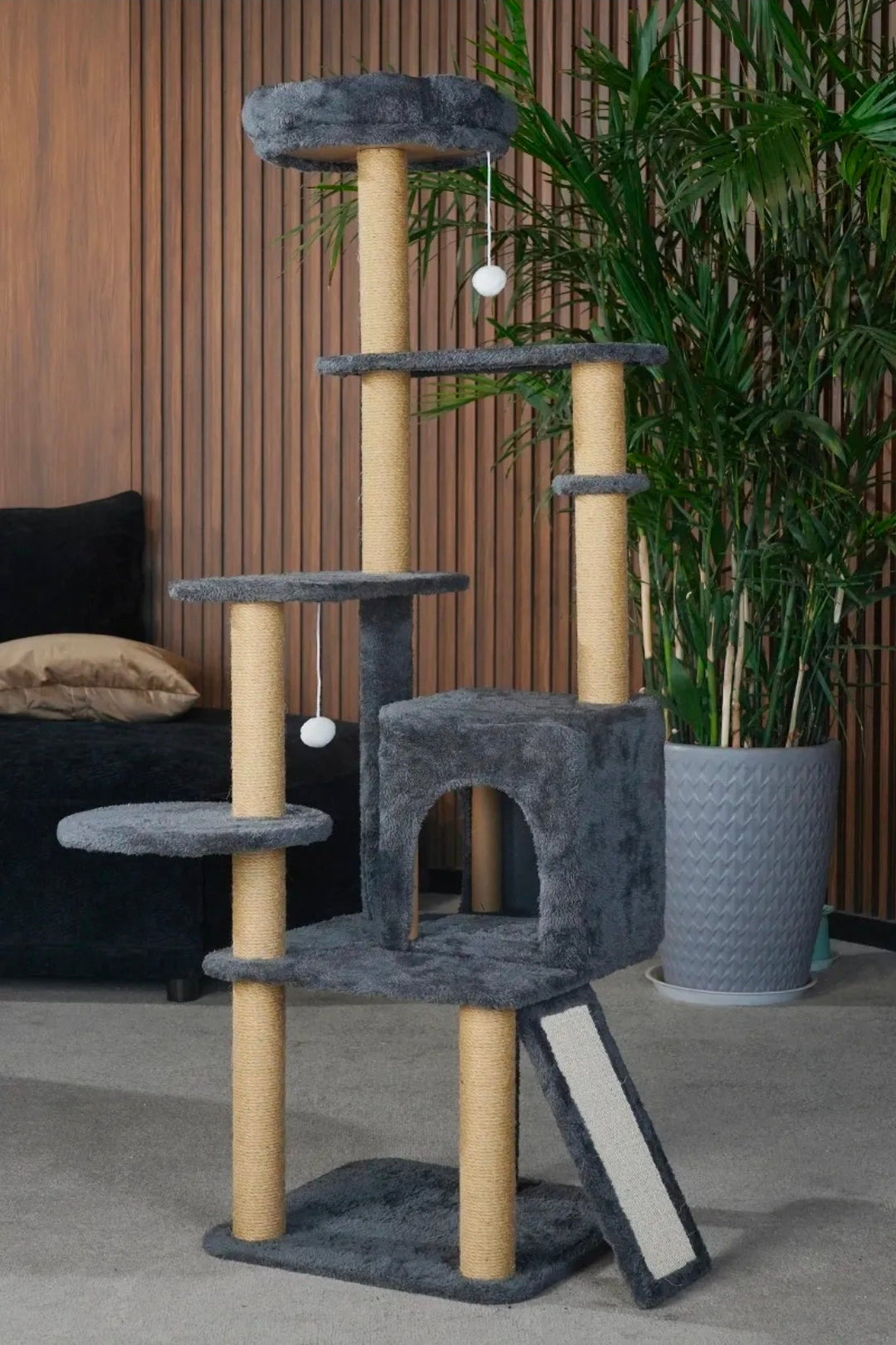 Torre Árbol Rascador Para Gato Con Casa Gris 132cm